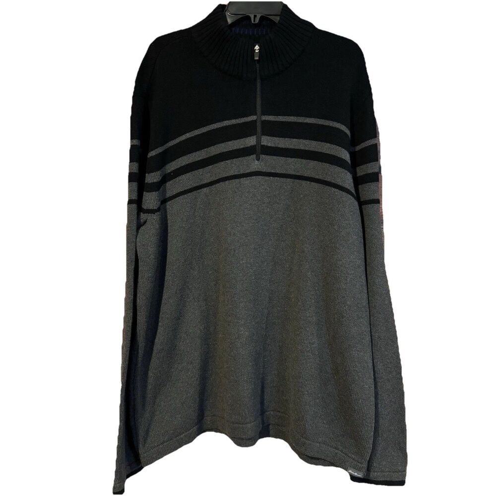 Eddie Bauer Sweater Mens T2XL Black Gray 1/4 Zip Mock Neck Cotton Pullover Tall